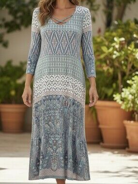 PAISLEY GRACE Boho Patchwork Maxi Dress in Teal and Navy